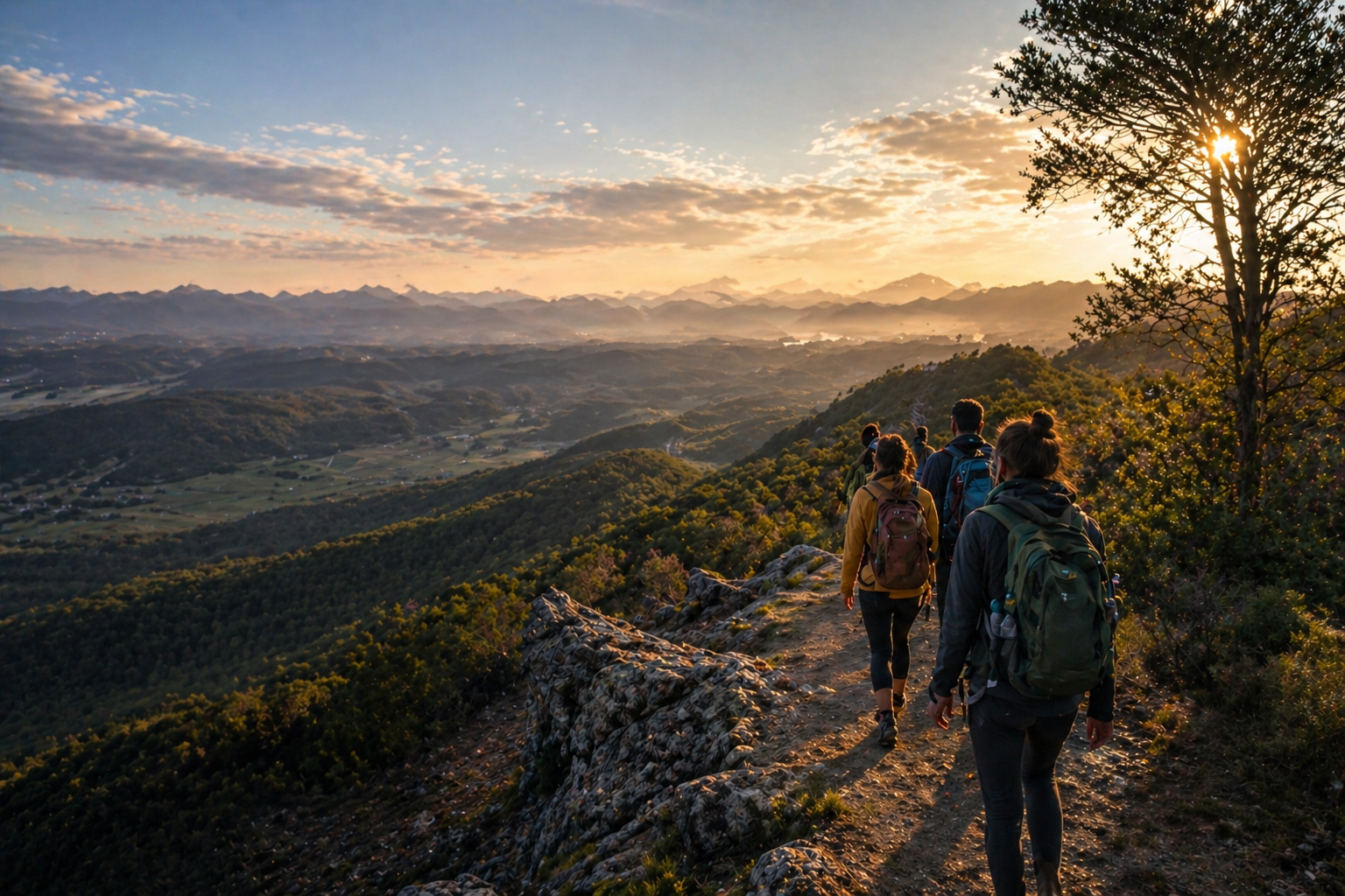 Hikers walking along a ridge at sunset with wide valley views