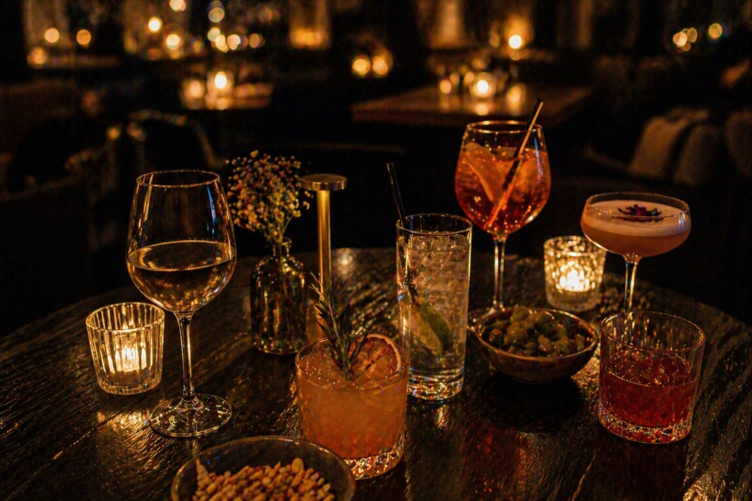 Cocktails and drinks on a candlelit table in a cosy bar