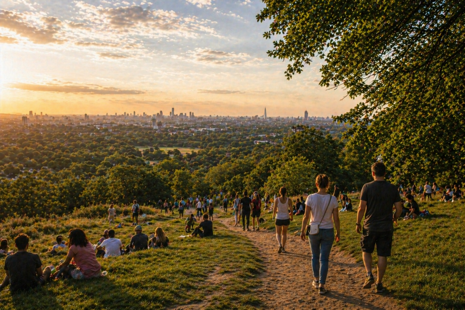 View over London from Hampstead Heath at sunset