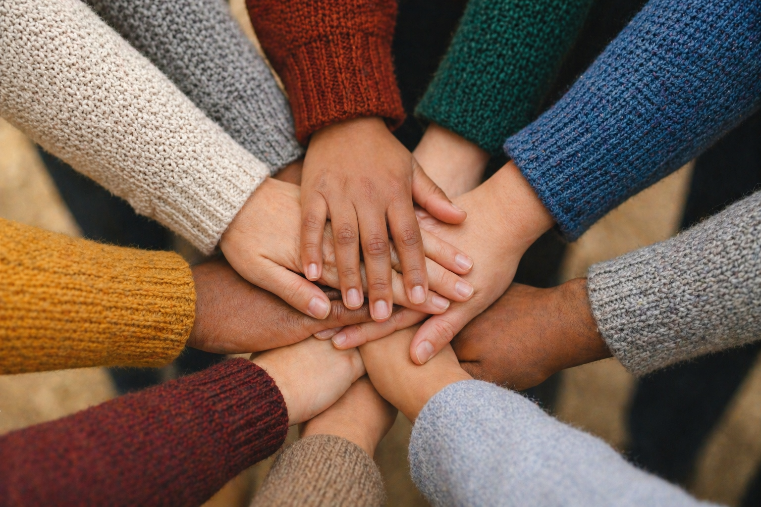 A circle of friends joining their hands together in the centre